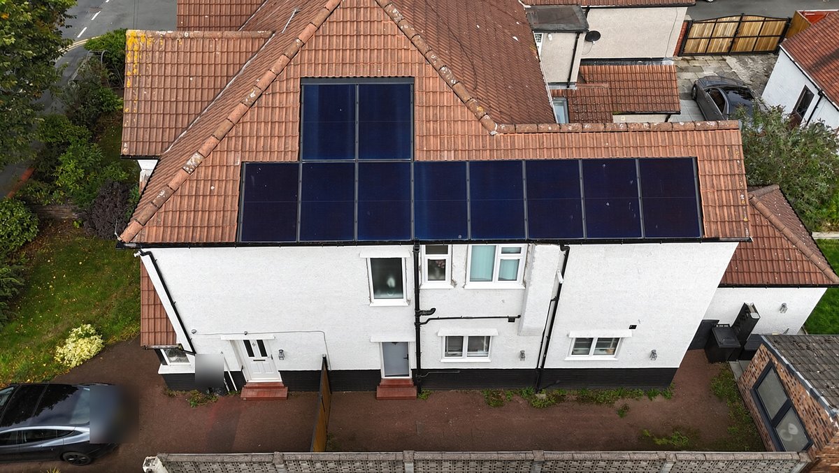 Aerial view of a domestic solar PV installation on a semi-detached home